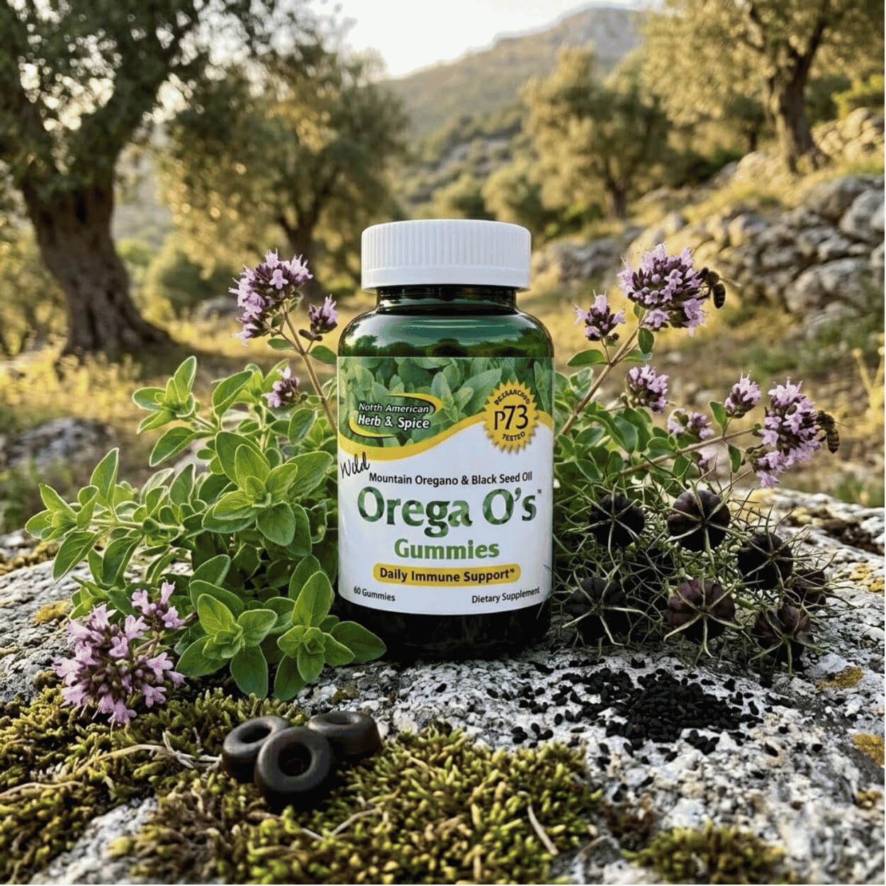 Lahvička Orega O's Gummies stojí na kameni porostlém mechem, obklopená kvetoucím oregánem, černými semínky s tobolkami a želatinovými kroužky, s olivovým hájem v rozostřeném pozadí.